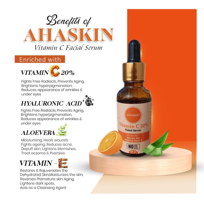 Ahaskin 20% Vitamin C Serum Enriched With Hyaluronic Acid Aloevera & Vitamin E, Silicon Free, Paraben And Sulphate Free 30ml - Image 2