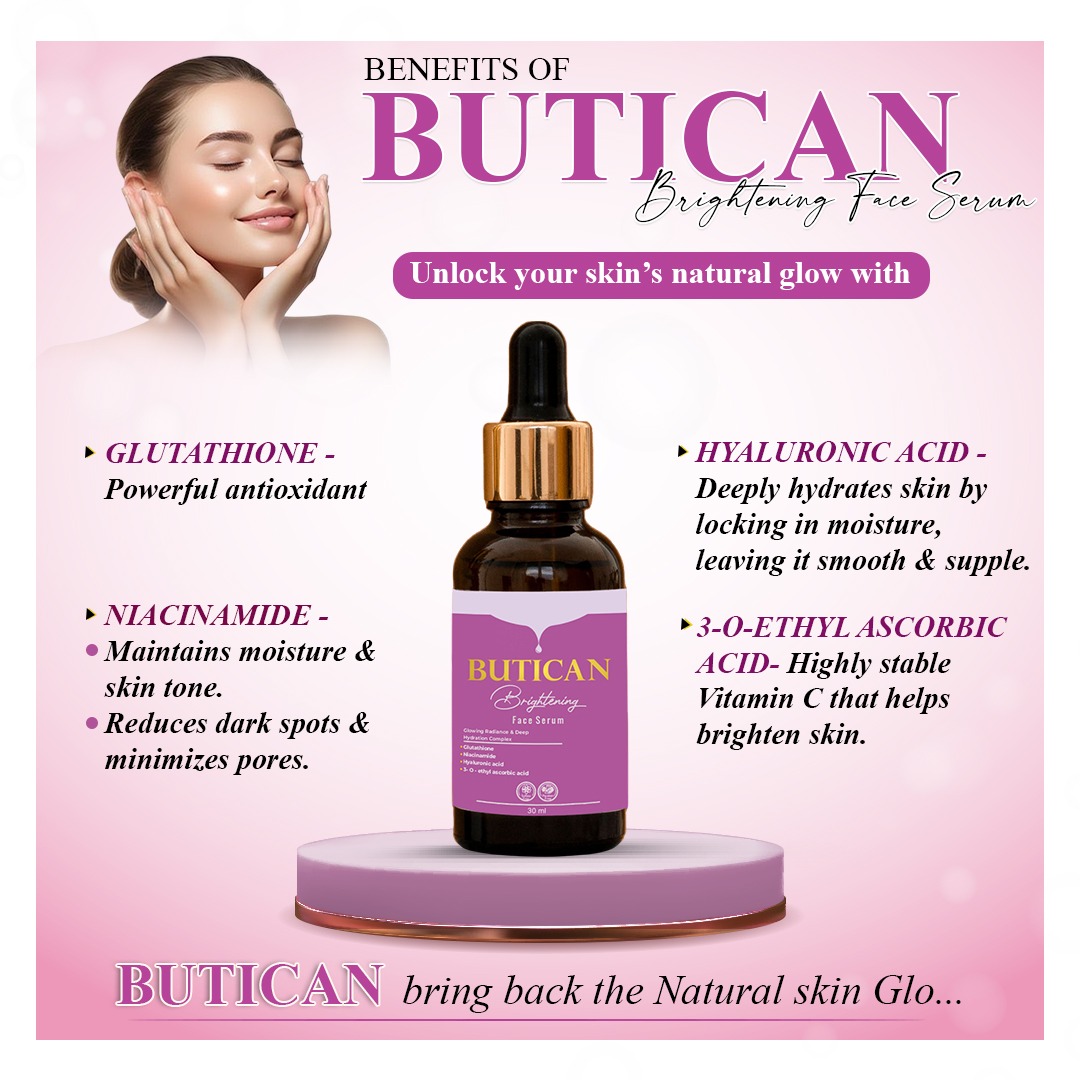 Graziaup Butican Brightening Serum Enriched With Glutathione, Hyaluronic Acid, Niacinamide & Vitamin C, Paraben Free, Sulfate free, 30 ml - Image 3