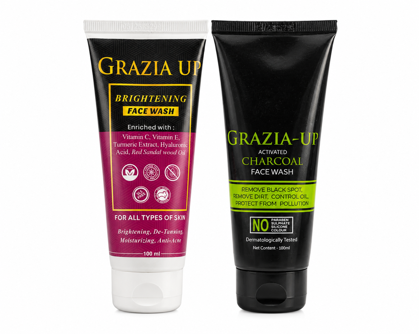 Graziaup Grazia Up Brightening + Activated Charcoal Face Wash Combo | Vitamin C, Vitamin E & Hyaluronic Acid | Oil Control, Tan Removal & Deep Cleansing | All Skin Types | 100ml + 100ml